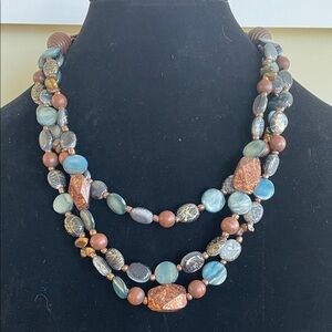 VINTAGE ARTISAN BOHO MIXED MEDIA NECKLACE Multi Strand Blue Bronze Brown Beaded